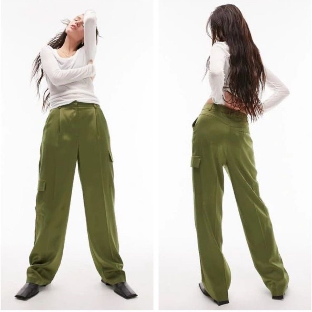 Topshop Green Satin Style Straight Leg Cargo Pants Size 12